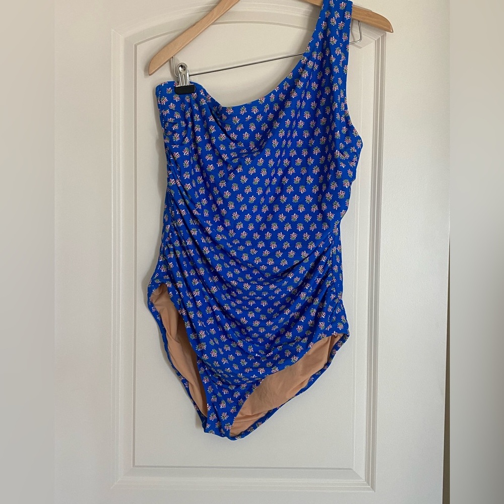 J Crew Swimsuit Womens XXL Blue Floral One Shoulder One Piece Ruched